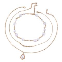 Simple Asymmetrical Geometric Round Square Inlaid Pearl Chain Multi-Layered Necklace for Women