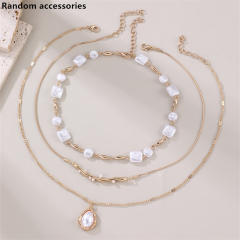 Simple Asymmetrical Geometric Round Square Inlaid Pearl Chain Multi-Layered Necklace for Women