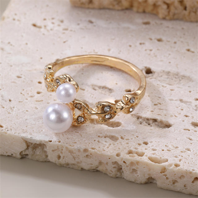 Fashion Design Pearl Diamond Leaf Open Rings zinc alloy rings