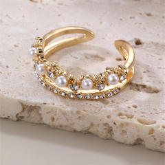 Fashion Design Pearl Diamond Leaf Open Rings zinc alloy rings