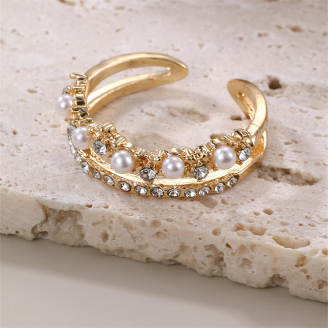 Fashion Design Pearl Diamond Leaf Open Rings zinc alloy rings