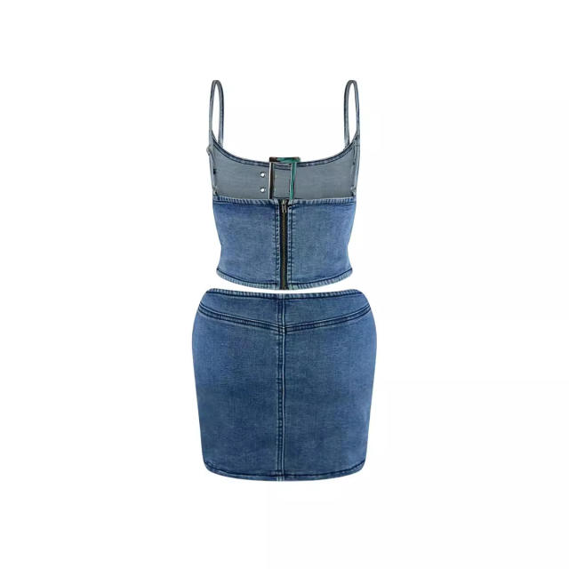 Fashion adjustable buckle stretch casual Denim suit two-piece women's clothing