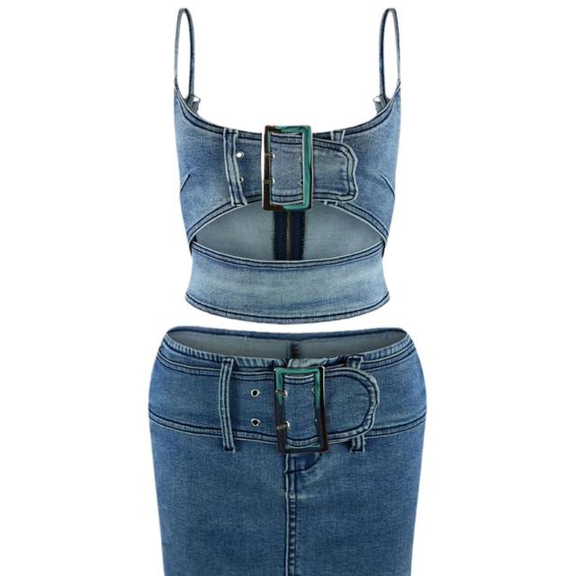 Fashion adjustable buckle stretch casual Denim suit two-piece women's clothing
