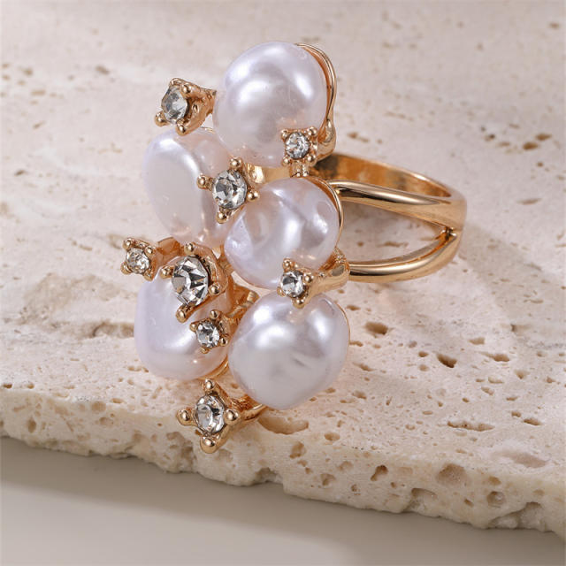 Fashion Design Pearl Diamond Leaf Open Rings zinc alloy rings