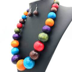 Ethnic Wooden Bead Necklace Color Sweater Chain Set