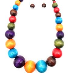 Ethnic Wooden Bead Necklace Color Sweater Chain Set