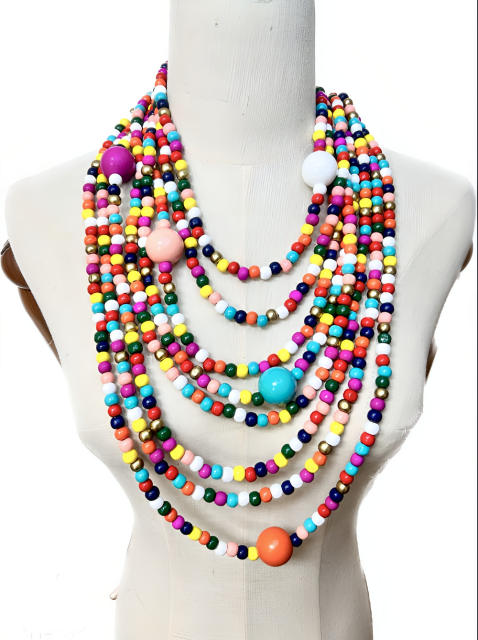 New Style Exaggerated Round Wooden Beads Multi-Layer long necklace sweater necklace