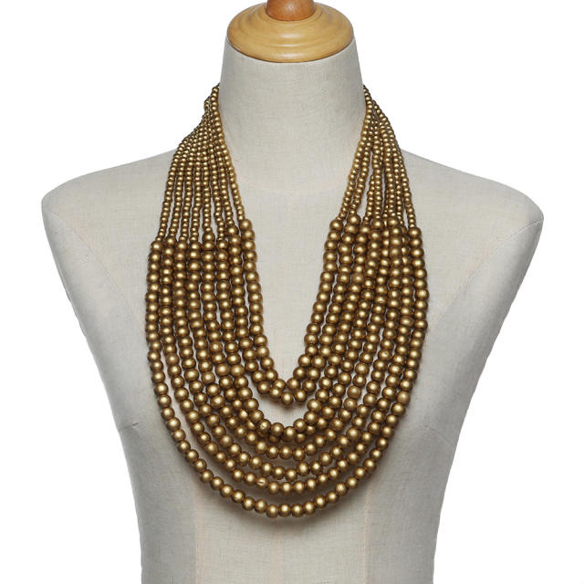 Ethnic style multi-layer wooden bead sweater chain tassel long necklace exaggerated jewelry