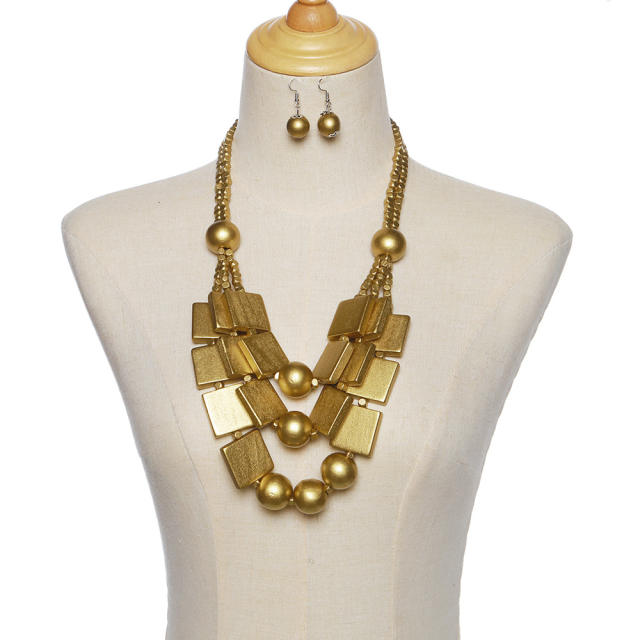 wood beads geometric multi-layer necklace sweater chain earrings suit