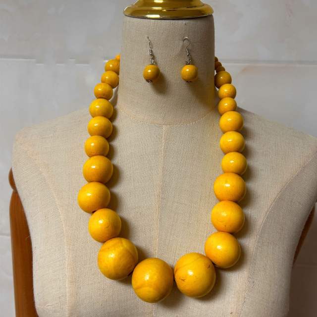 Ethnic Wooden Bead Necklace Color Sweater Chain Set