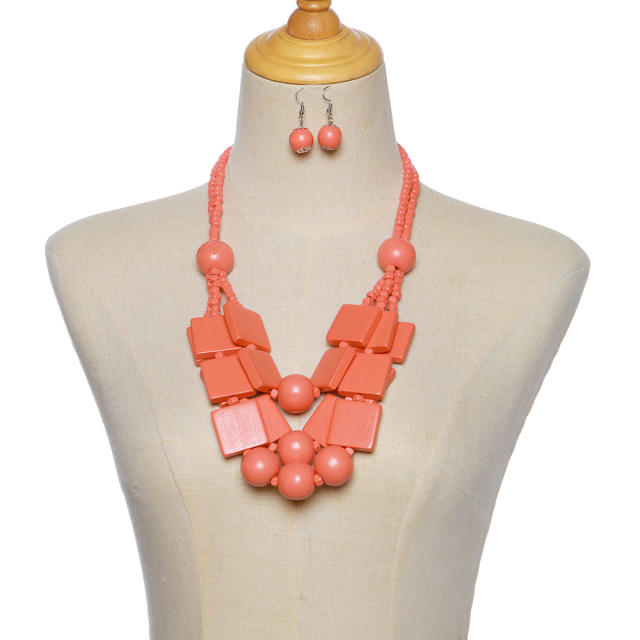 wood beads geometric multi-layer necklace sweater chain earrings suit