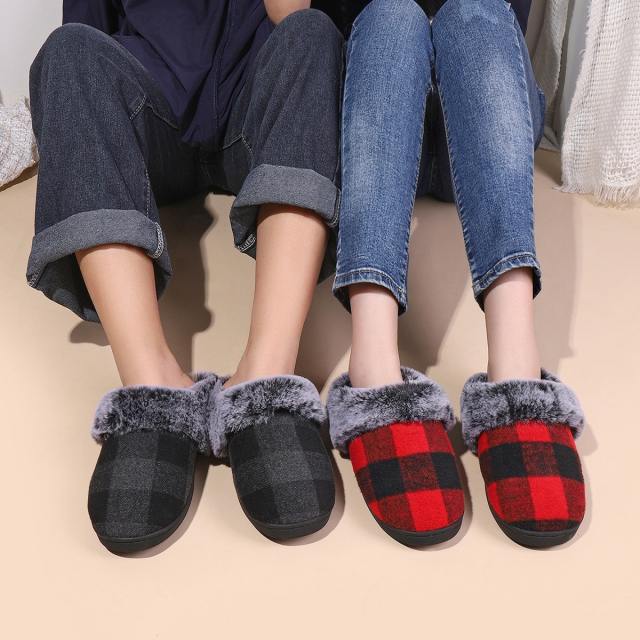 New Plaid fluffy slippers winter comfortable warm non-slip cotton slippers wholesale