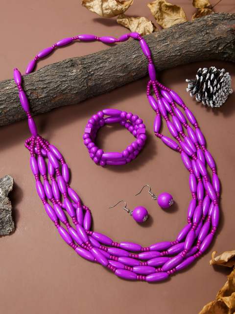 Exaggerated Multi-Color Wooden Bead Earrings Necklace Set Bohemian Handmade Beaded Necklace suit