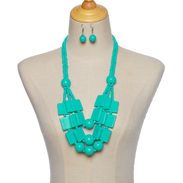 wood beads geometric multi-layer necklace sweater chain earrings suit