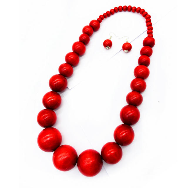 Ethnic Wooden Bead Necklace Color Sweater Chain Set