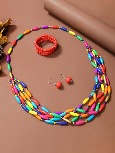 Exaggerated Multi-Color Wooden Bead Earrings Necklace Set Bohemian Handmade Beaded Necklace suit