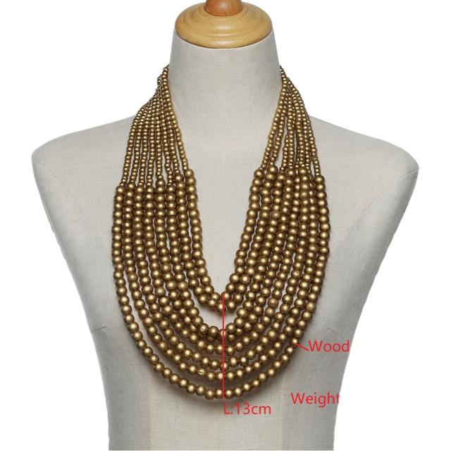Ethnic style multi-layer wooden bead sweater chain tassel long necklace exaggerated jewelry