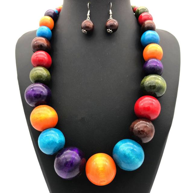 Ethnic Wooden Bead Necklace Color Sweater Chain Set
