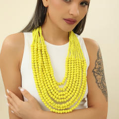 Ethnic style multi-layer wooden bead sweater chain tassel long necklace exaggerated jewelry