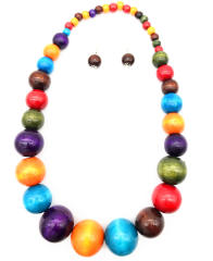 Ethnic Wooden Bead Necklace Color Sweater Chain Set