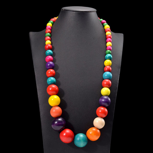 Exaggerated colorful wooden bead necklace Bohemian retro fashion handmade beaded necklace for women