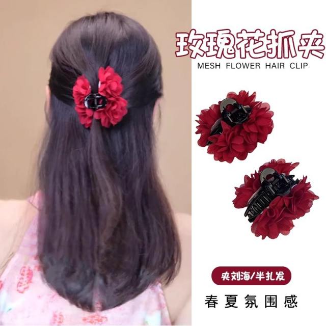 Blooming Roses 7cm Fabric rose flower hair claw clips
