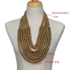 Ethnic style multi-layer wooden bead sweater chain tassel long necklace exaggerated jewelry