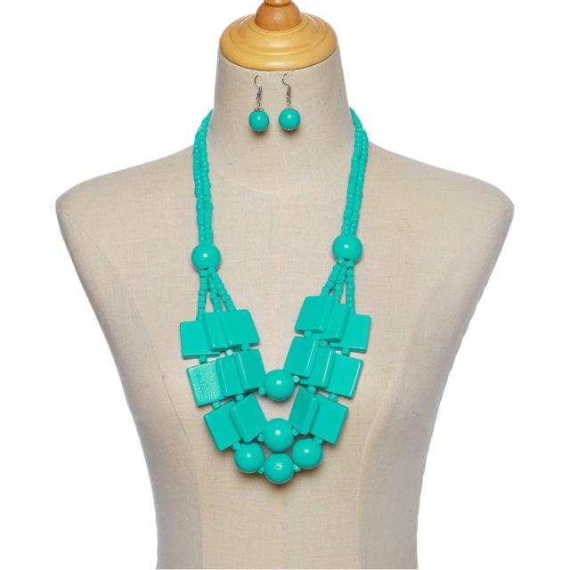 wood beads geometric multi-layer necklace sweater chain earrings suit