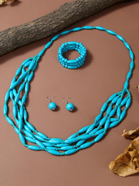 Exaggerated Multi-Color Wooden Bead Earrings Necklace Set Bohemian Handmade Beaded Necklace suit