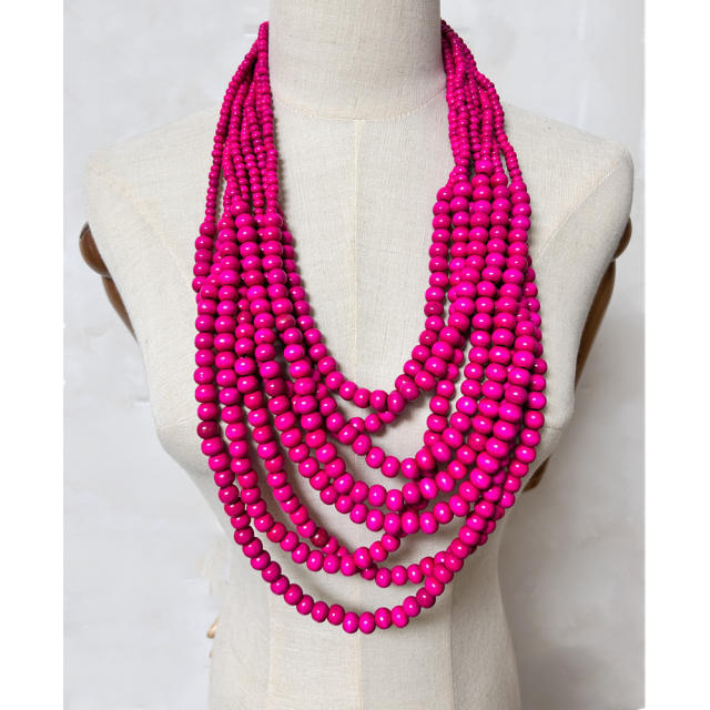 Ethnic style multi-layer wooden bead sweater chain tassel long necklace exaggerated jewelry