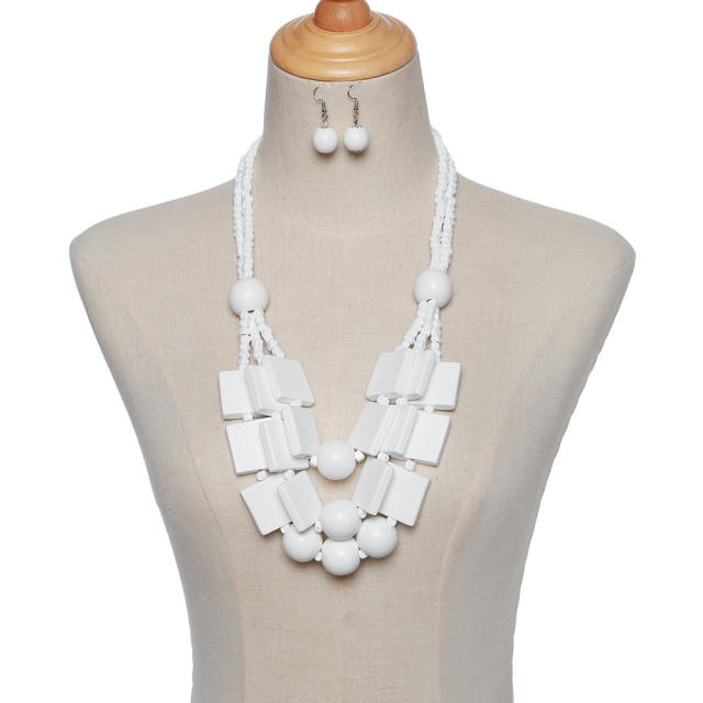 wood beads geometric multi-layer necklace sweater chain earrings suit