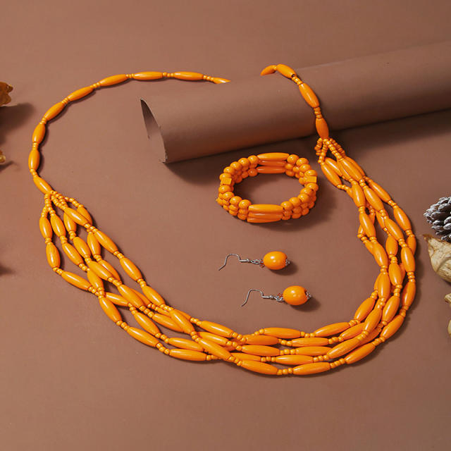 Exaggerated Multi-Color Wooden Bead Earrings Necklace Set Bohemian Handmade Beaded Necklace suit