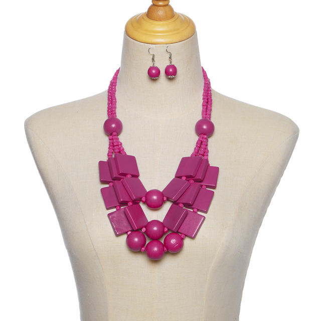 wood beads geometric multi-layer necklace sweater chain earrings suit