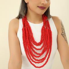 Ethnic style multi-layer wooden bead sweater chain tassel long necklace exaggerated jewelry
