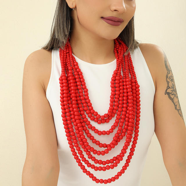 Ethnic style multi-layer wooden bead sweater chain tassel long necklace exaggerated jewelry