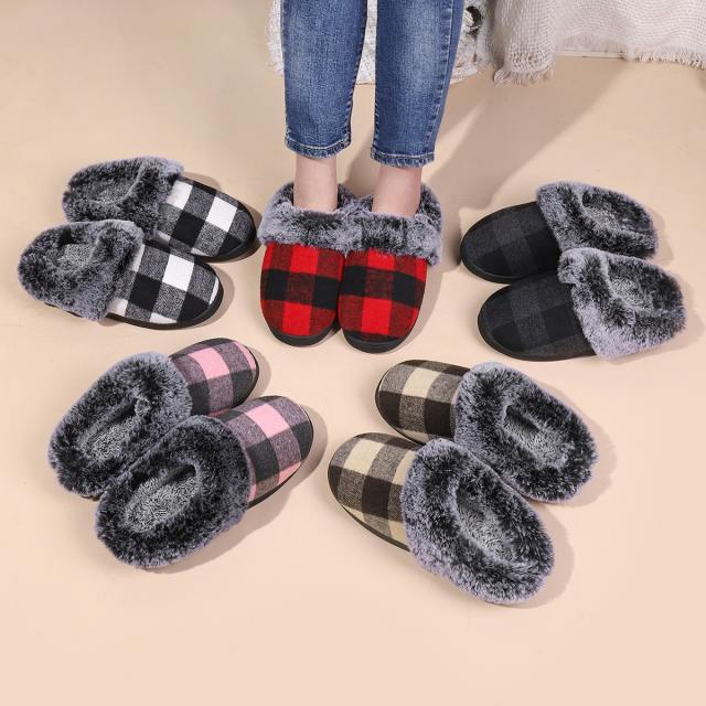 New Plaid fluffy slippers winter comfortable warm non-slip cotton slippers wholesale