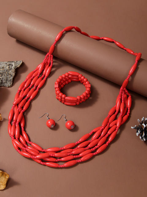 Exaggerated Multi-Color Wooden Bead Earrings Necklace Set Bohemian Handmade Beaded Necklace suit