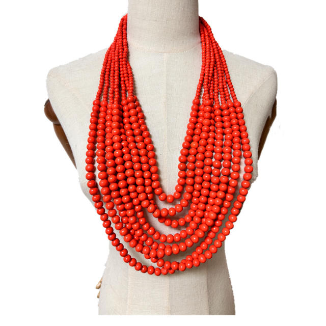 Ethnic style multi-layer wooden bead sweater chain tassel long necklace exaggerated jewelry