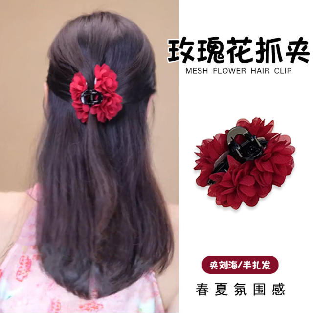 Blooming Roses 7cm Fabric rose flower hair claw clips