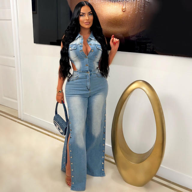 Tight Waist Slim-fit Elastic Wash Water Denim Pants Straight-tube Loose jumpsuit