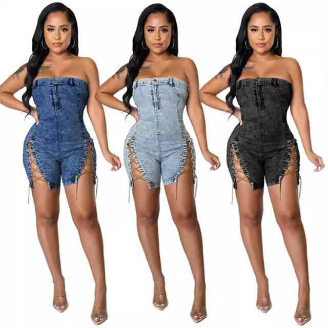 Women's New Wearing Copper Chain Sexy Strapless Denim jumpsuit