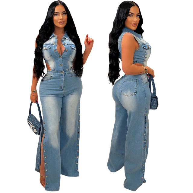 Tight Waist Slim-fit Elastic Wash Water Denim Pants Straight-tube Loose jumpsuit