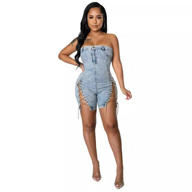 Women's New Wearing Copper Chain Sexy Strapless Denim jumpsuit