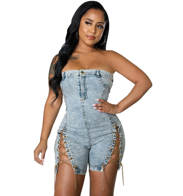 Women's New Wearing Copper Chain Sexy Strapless Denim jumpsuit