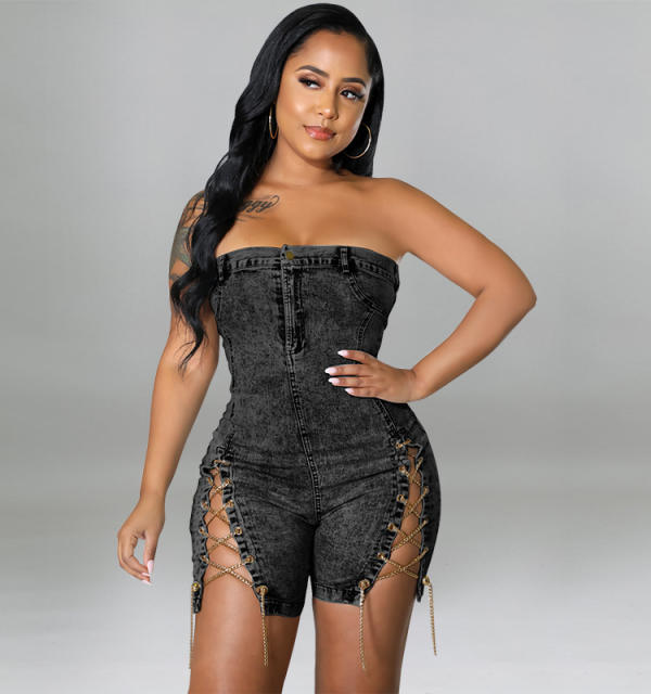 Women's New Wearing Copper Chain Sexy Strapless Denim jumpsuit