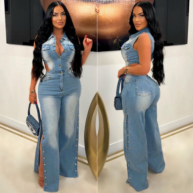 Tight Waist Slim-fit Elastic Wash Water Denim Pants Straight-tube Loose jumpsuit