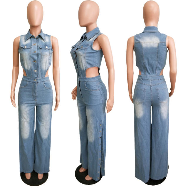 Tight Waist Slim-fit Elastic Wash Water Denim Pants Straight-tube Loose jumpsuit