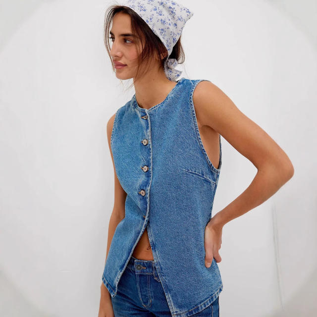 Fashion Leisure Slim Fit Button Women's Denim Sleeveless Vest