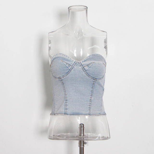 Summer fashion sleeveless casual stretch denim two-piece suit YM5315