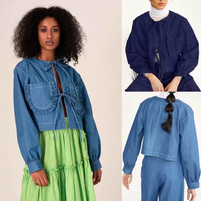 Denim Jacket for Women Autumn Winter New Street Trendy Long-Sleeved Lace-Up Loose Jacket